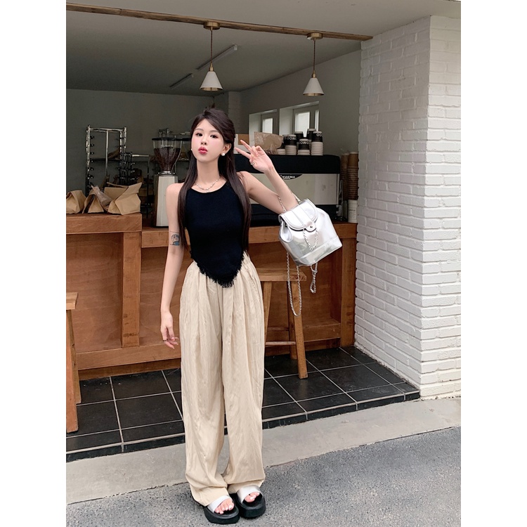 ◕▼celana wanita import longgar pinggang tinggi kasual celana lebar kaki wanita musim panas elastis pelangsing celana lurus all-match versi korea celana pel celana wanita celana highwaist