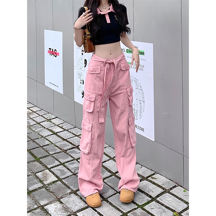 ☎celana wanita import American retro overall kasual celana wanita musim panas Jepang merah muda denim pinggang tinggi kecil lebar kaki celana celana wanita celana highwaist