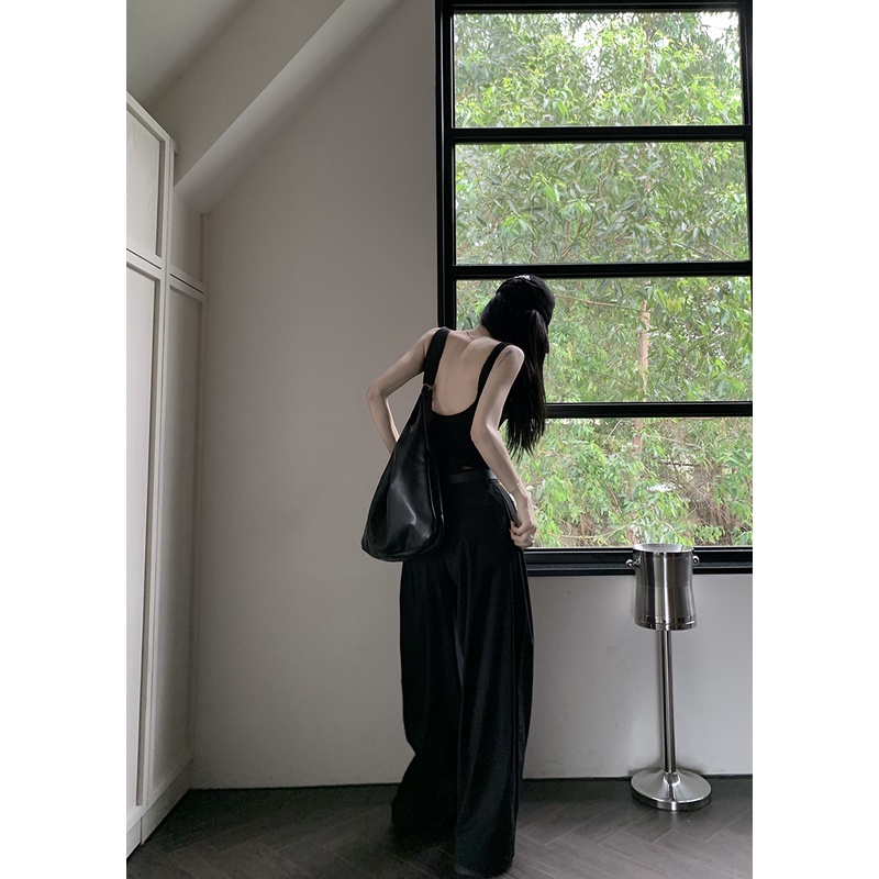 ஐ◎∋celana wanita impor setelan hitam celana wanita musim panas all-match longgar celana kasual pinggang tinggi slim kaki lebar kaki lurus mengepel drape celana wanita celana highwaist