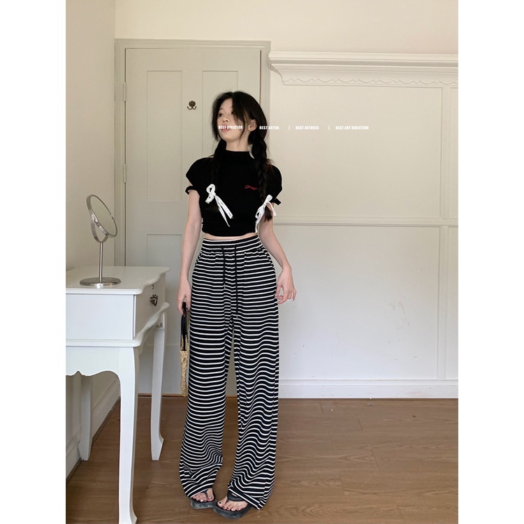 ﹉﹍celana wanita import babes bergaris serut drape celana casual wanita musim panas gaya korea mengepel celana lurus longgar kaki lebar pinggang tinggi celana celana wanita celana highwaist