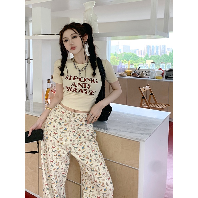 ♛celana wanita import Korea chic pendek slim letter print T-shirt wanita musim panas desain perasaan tipis lengan pendek bahu leher bulat top celana wanita celana highwaist