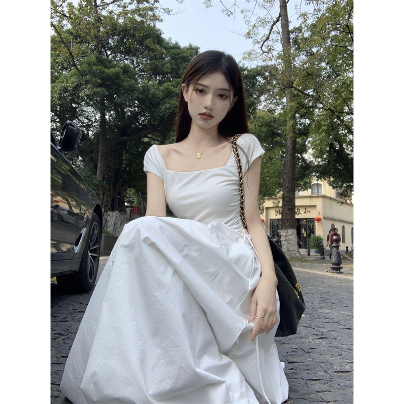 dress floral korea Musim Panas Lengan PendekTGaun Kaus Wanita Prancis Jahitan Kerah Persegi, Baju Pe