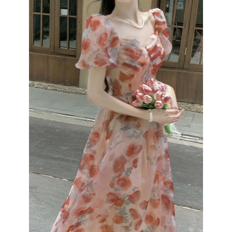 dress floral korea Tea Break Platycodon Grandiflorum Indah Kerah Persegi Puff Lengan Pinggang Ketat