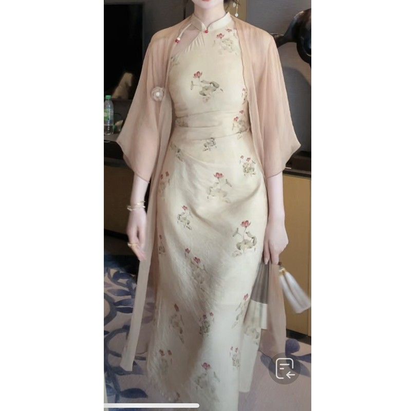 dress floral korea Yiyao【Lentera Wisata Meriah】Gaun Cheongsam Retro Gaya Tiongkok, Gaun Pelangsing P