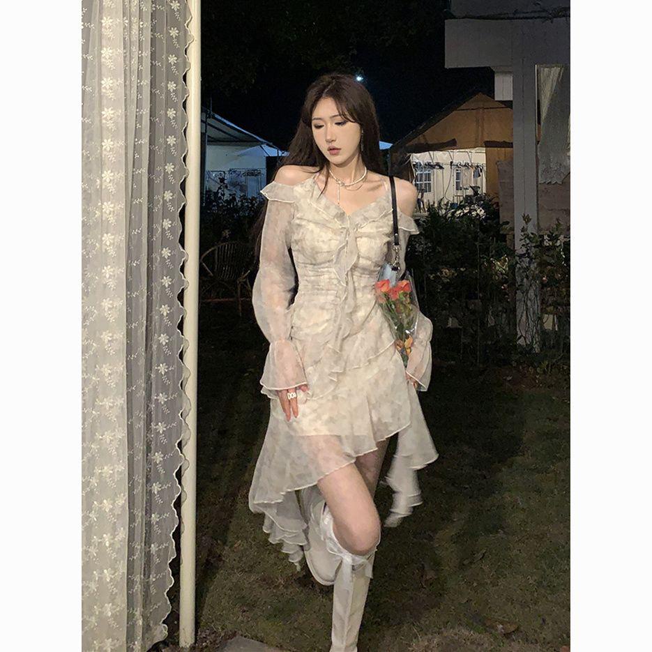 dress floral korea DREAM SEVEN77 Wanita Bunga Beropol Gaun2023Rok Tidak Rata Off-Shoulder Warna Musi