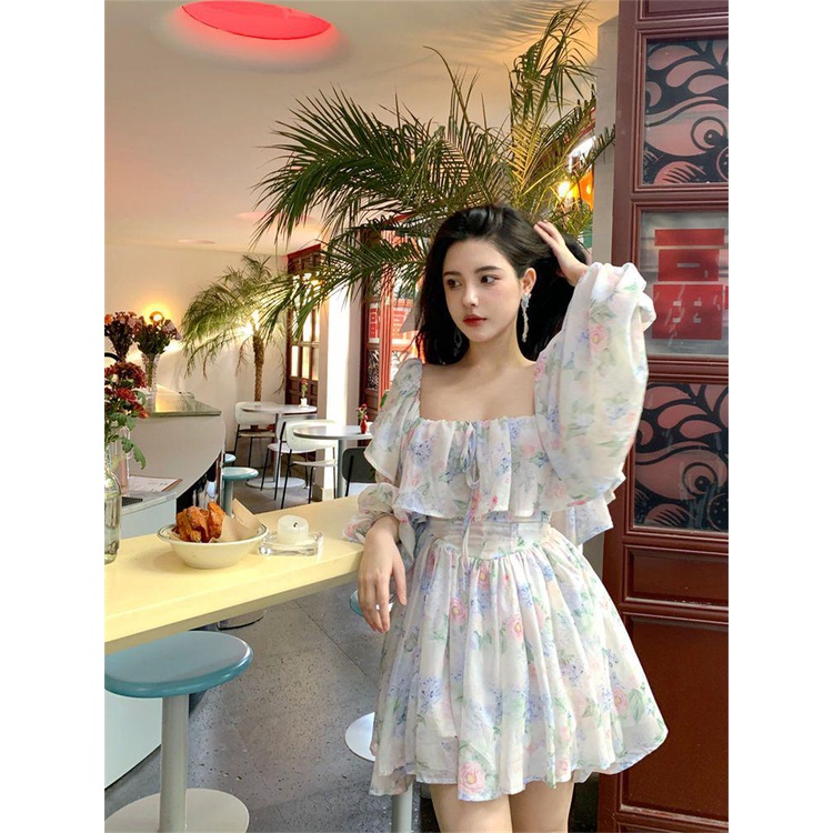 dress floral korea Gaun Menggantung Off-Shoulder Wanita, Rok Pinggang Ketat Bunga Sifon Lengan Lente