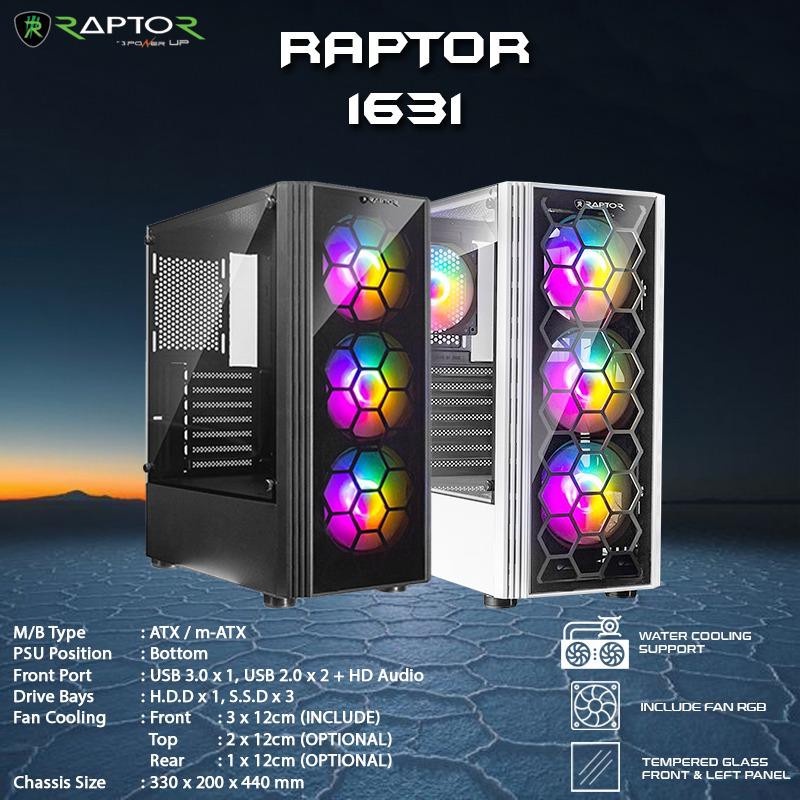 Casing Power Up Raptor Black Strike 1631 Gaming Case ATX include 3 FAN - Hitam