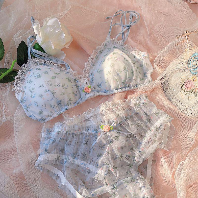 Set pakaian dalam bermotif bunga Jepang untuk anak perempuan dengan cangkir segitiga bertali dan bra