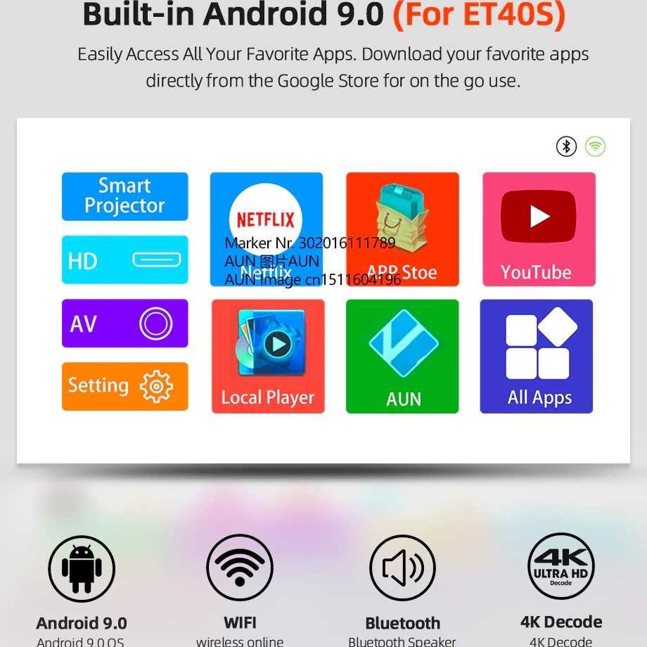 Proyektor Ni Portable Projector Android 9.0 1080P 4000Lm Et40S Aun Infocus Hp Infocus Ni Infocus Ni 