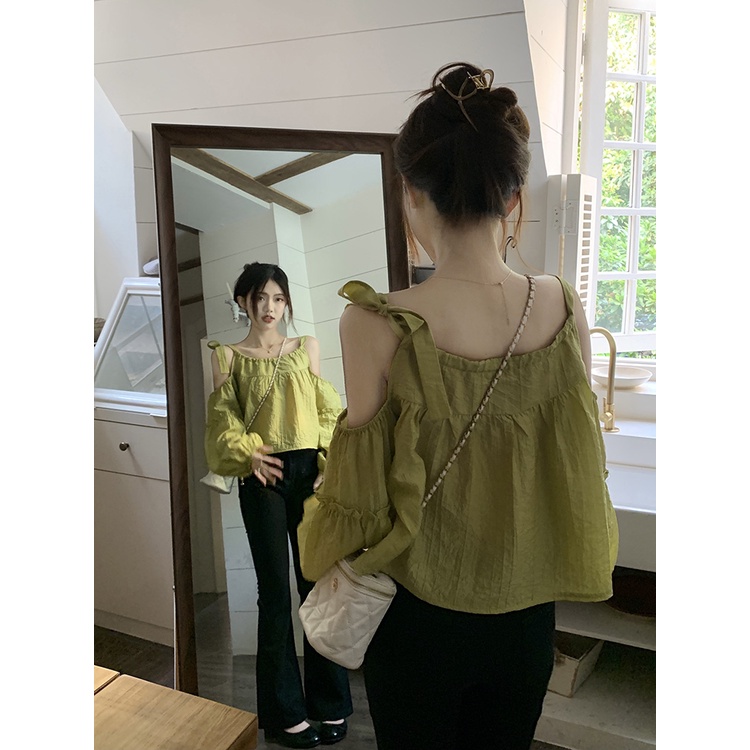 Red Design sense strapless shoulder lantern sleeve shirt women s spring 2023 new short style foreign style chic rose red top