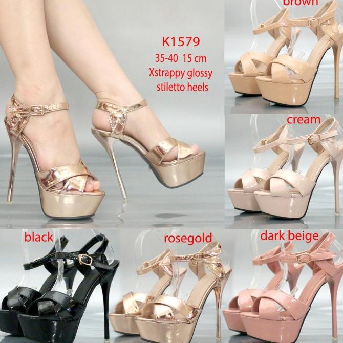 YKshoes 1579 strappy heels 15cm sepatu hak tali black beige cream brow