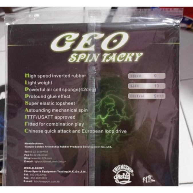 Karet / Rubber bat Pingpong /Tenis meja 729 Geo spin TACKY ORIGINAL