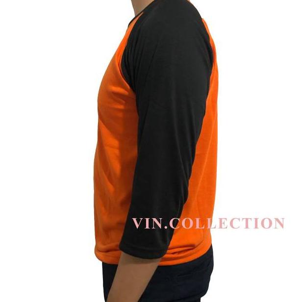Garansi Resmi Kaos Polos Raglan 3/4 Pria Wanita - Orange Kombinasi Hitam