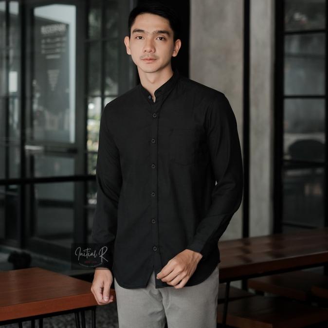 Kemeja Polos Kerah Shanghai Baju Koko Pria Busana Muslim Modern HITAM