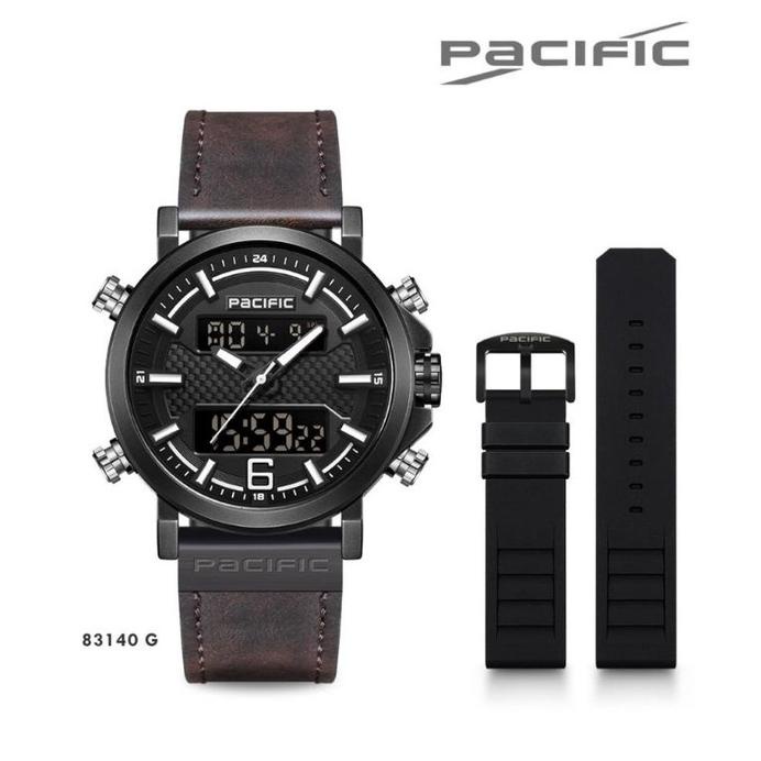 Jam Tangan Pria Original Pacific 8310 Double time Waterprof Tali kulit Free Extra Tali Karet Bok Eks