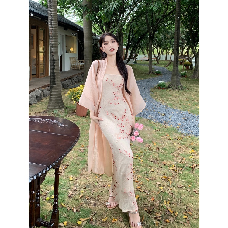 ☃▪Gaun Musim Panas Pantai Gaya Cina Baru Setelan Wanita Retro Bunga Sling Gaun Musim Semi Tabir Surya Cardigan Jaket Dua Potong Set