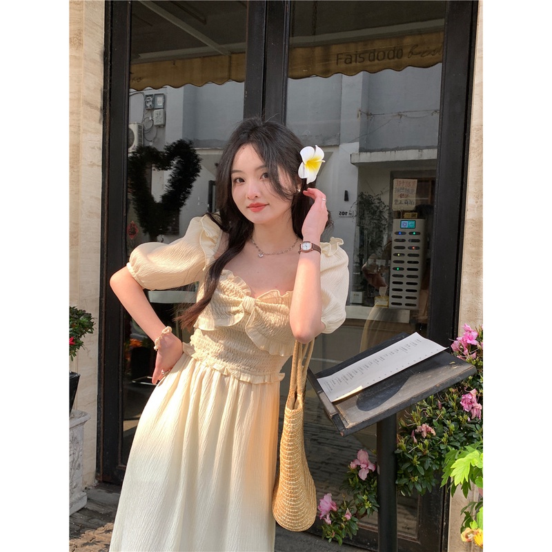 ♗✘Gaun Musim Panas Pantai Bahasa Perancis Busur One-Shoulder Puff Lengan Wanita Musim Semi dan Musim Panas Pinggang Pinggang Panjang rok A-Line