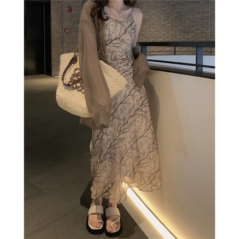 ↂ☽gaun musim panas baju pantai wanita dicetak suspender rok pinggang elegan musim semi longgar baju jaket dua potong set