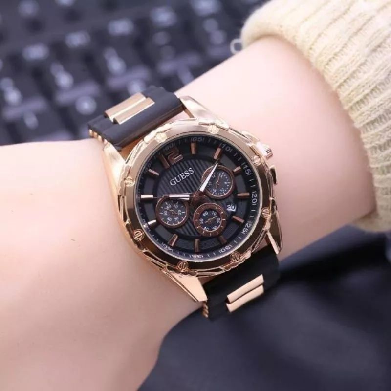 JAM TANGAN WANITA GUESS TANGGAL TALI RUBBER BEST TERMURAH