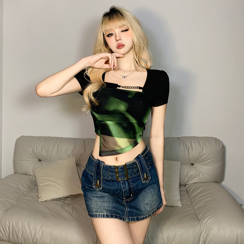 ∋◘cropped top punk street retro hot girl style chic smudge printing design sense slim fit T-shirt female tide #COD