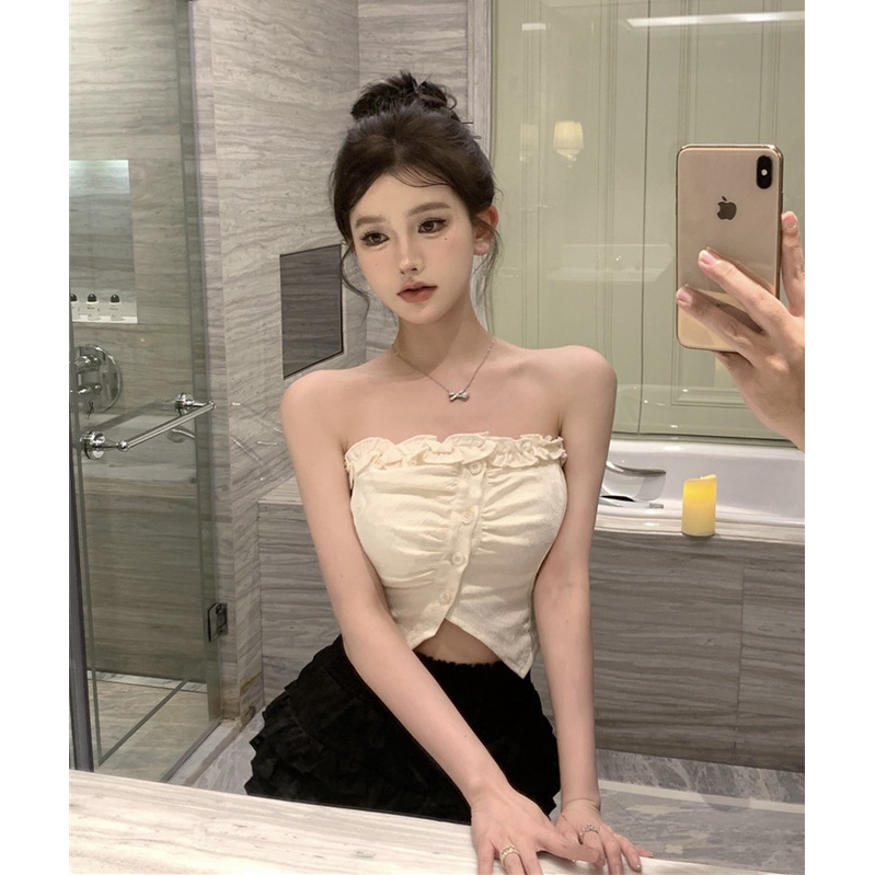 ❖❃☜cropped top hot girl keinginan murni pendek sisi telinga kayu ketat tube top top female red button slit inner vest strap summer #COD