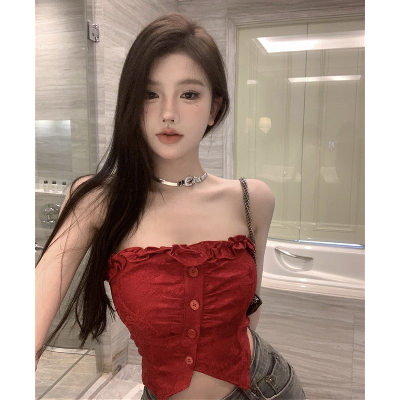 ❖❃☜cropped top hot girl keinginan murni pendek sisi telinga kayu ketat tube top top female red button slit inner vest strap summer #COD