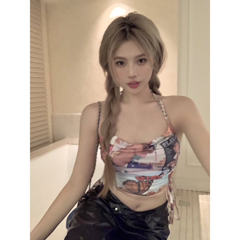 ☜▨✗Dipotong top Eropa dan Amerika hot girls camisole wanita musim semi dan musim panas dicetak pakaian luar rantai pendek jalan goreng strapless kembali ketat top wanita #COD