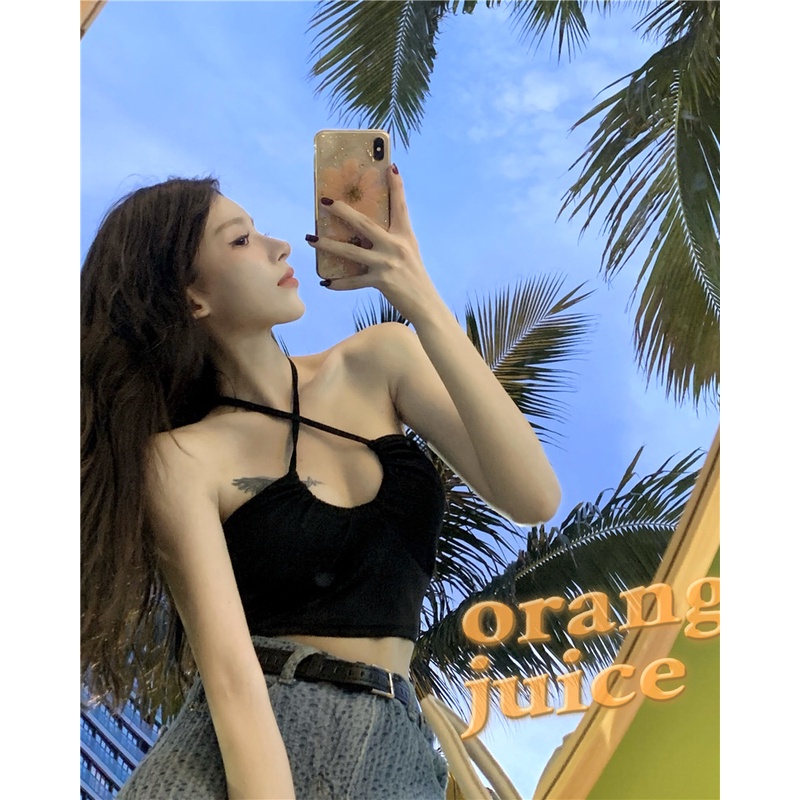 ۩☫☃cropped top suspender wanita musim panas putih tube top dibungkus pakaian dada top pendek menggantung leher rompi keinginan murni pakaian luar tipis pakaian dalam #COD