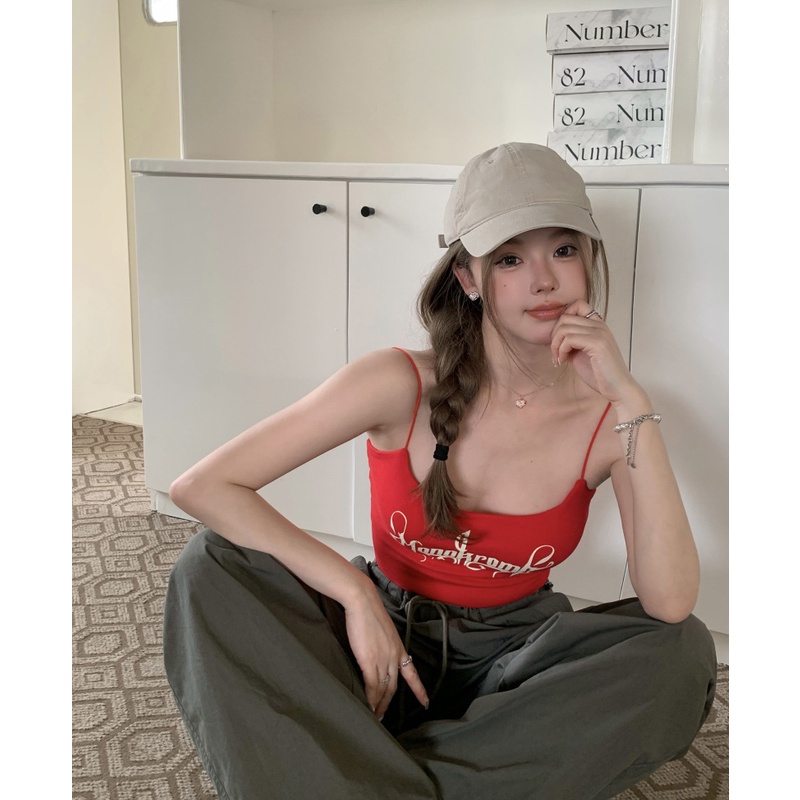 ❦▬۞Dipotong atas huruf cetak musim panas merah kecil kamisol pakaian luar wanita dengan bantalan dada seksi keinginan murni gaya babes top #COD