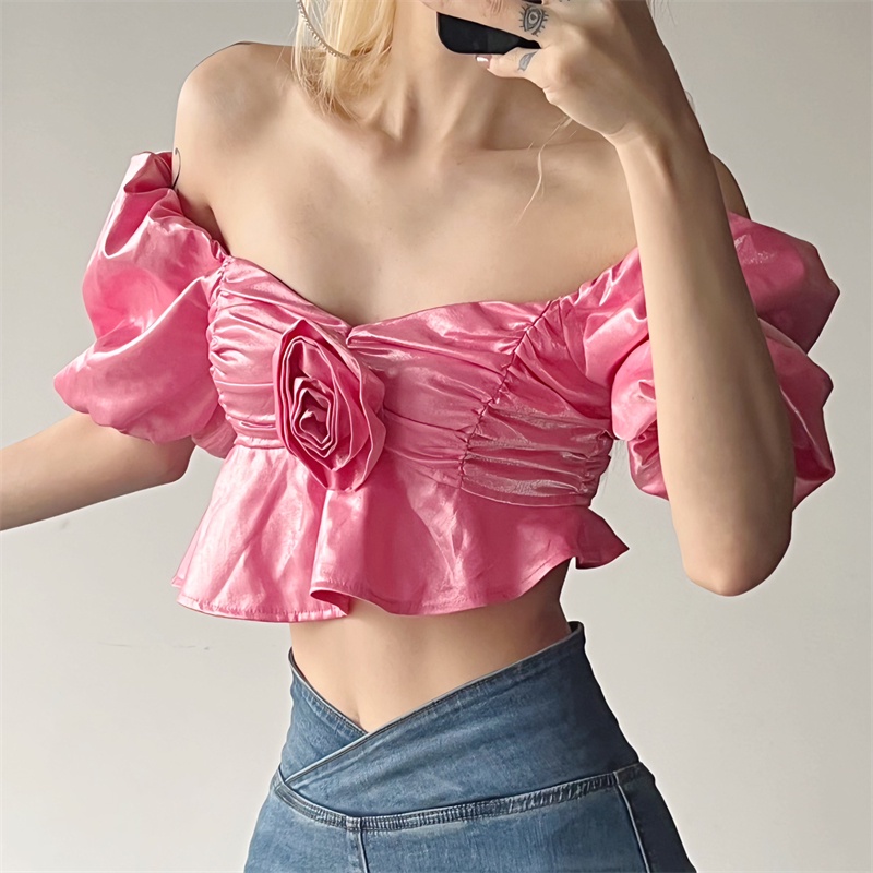 ✤۩❉cropped top Prancis gaya istana retro tiga dimensi manor rose dekorasi T-shirt wanita puff lengan all-match top #COD