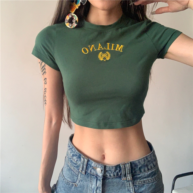 ❈♞Dipotong Atasan Kepribadian Jalanan Amerika Retro Slim T-shirt Wanita Hijau Tua Huruf Bordir Slim Crop Top #COD