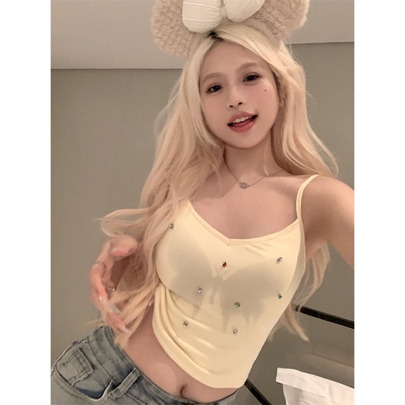 ™❁℗cropped top short chest pad design feeling diamond sleeveless summer slim camisole top with bottoming shirt women look thin #COD