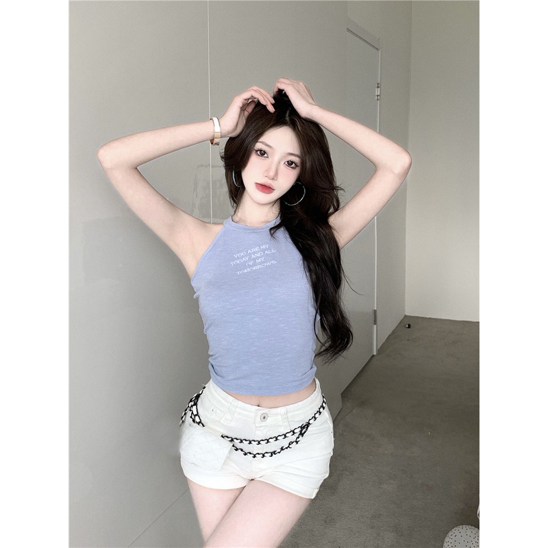 ♛Dipotong Top Halter Leher Kamisol Musim Panas Bordir Huruf Ramping Pakaian Luar Pendek Pure Desire Spice Girls Warna Aprikot Atasan Tanpa Lengan Wanita #COD