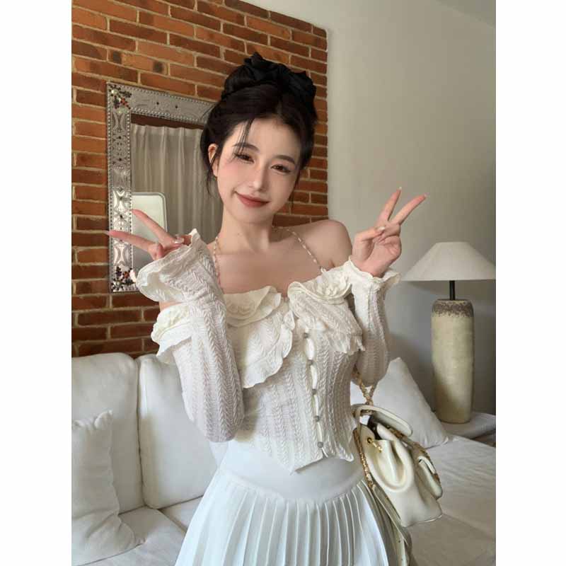 ✖۩❈cropped top white suspender ruffled top women s design sense niche pure desire one-neck shirt slim spring and summer chiffon shirt #COD