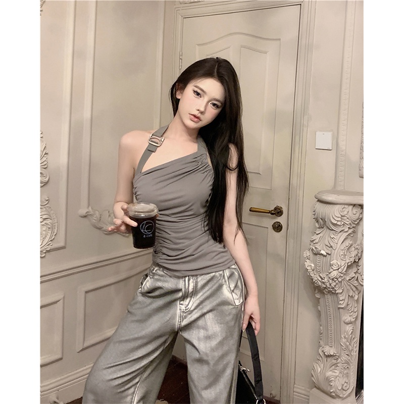 №cropped top baru musim panas lipit rompi tidak beraturan halter neck top suit warna kontras lurus mengepel lantai lebar kaki celana denim wanita #COD