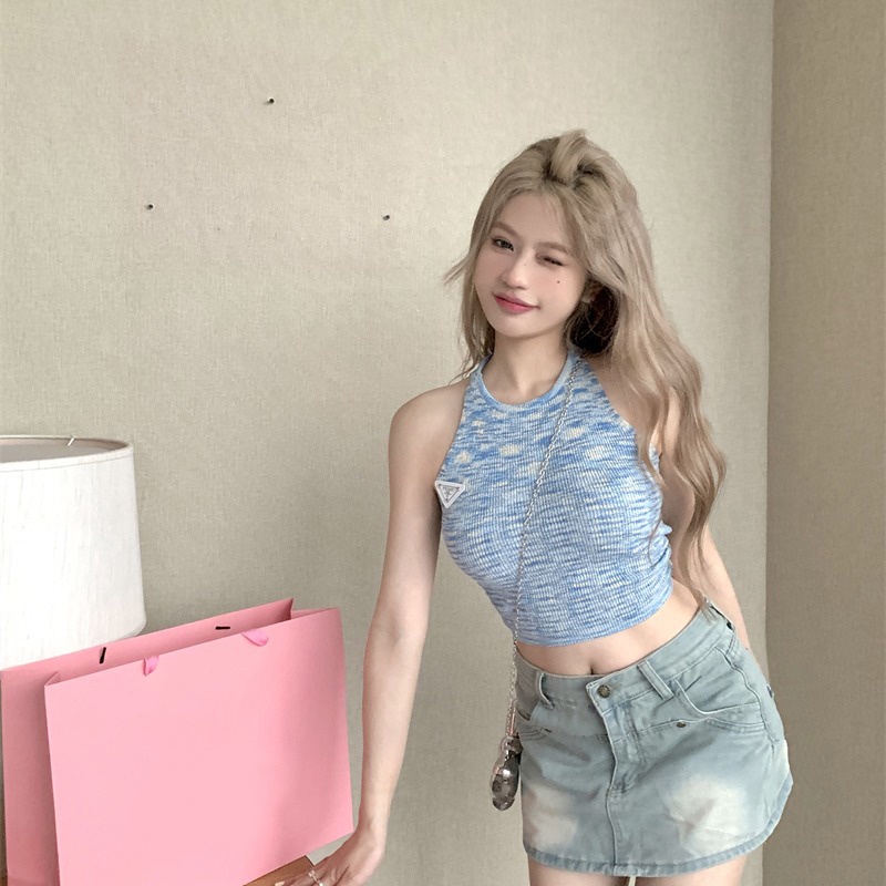 ✟﹊cropped top leher bulat halter leher tanpa lengan sweater rajut tanpa tali musim panas hot gadis memakai kamisol di dalam dan di luar atasan ramping biru #COD