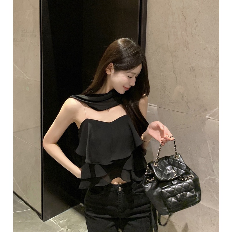 ▥cropped top musim semi dan musim panas mengacak-acak pita hitam tanpa lengan tidak beraturan kamisol sifon strapless hot girl short top women #COD