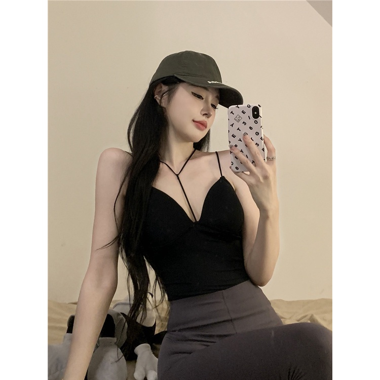 ❖cropped top pendek slim sexy cross belt pad dada tipis top wanita musim panas luar memakai gaya keinginan murni kamisol kecil #COD