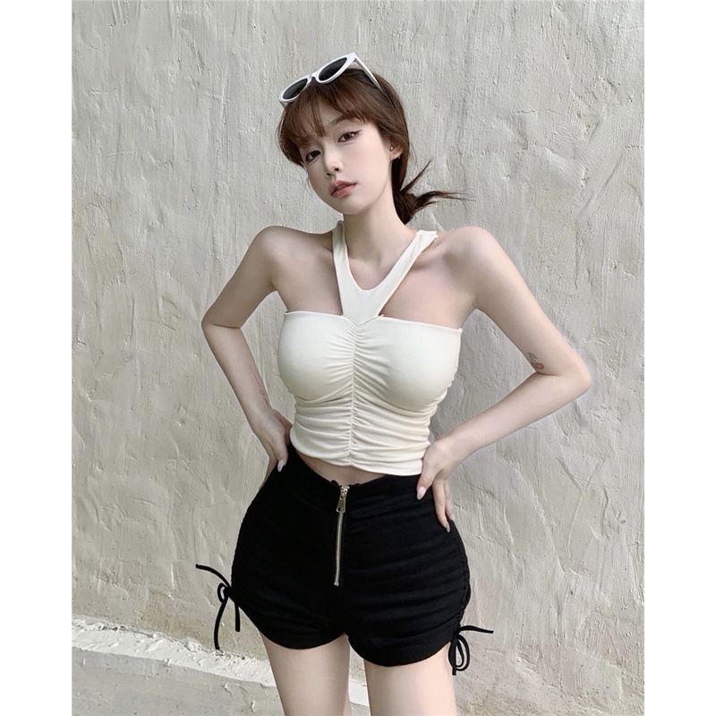 ™❣cropped top spring halter neck tipis atas pakaian luar wanita sexy hot girl lipit strapless inner straps with chest pad tube top camisole straps #COD