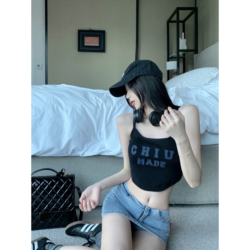 ◈cropped top hot girl letter appliqué bordir pendek tanpa lengan pusar kamisol hitam bottoming sexy inner top wanita musim semi dan musim panas #COD