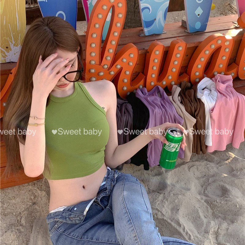 ∈❧cropped top elastis warna solid seksi musim semi dan musim panas tanpa lengan rompi bagian dalam kamisol top wanita membudidayakan diri anti-selip bottoming ceruk pelangsing #COD