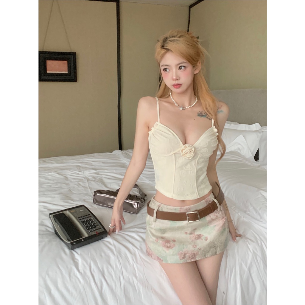 ☏♂☁cropped top rose jacquard tanpa lengan kamisol musim panas slim anti-skid top skirt setelan pinggang tinggi rok pendek wanita #COD