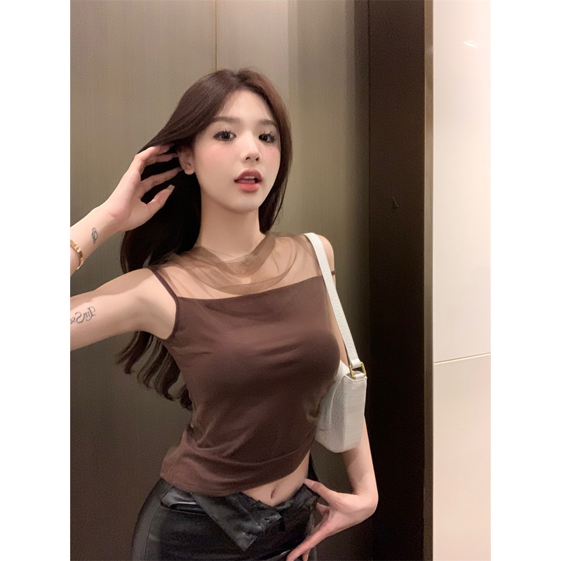 ☫☌cropped top pink mesh splicing gaya keinginan murni kamisol wanita pakaian dalam musim panas gaya keinginan murni hot girl atasan tanpa lengan kecil #COD