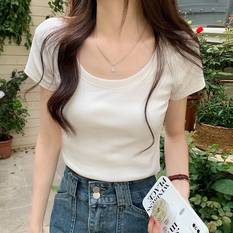 Suhao pure desire scoop neck slim fit short milk apricot color t-shirt women s top summer shoulder U-neck short sleeve inner bottoming small shirt kaos import wanita kaos wanita gaya korea lengan pendek kaos pendek perempuan