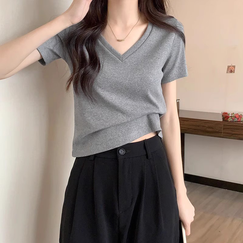 Suhao warna solid benang v-neck lengan pendek t-shirt wanita 2023 musim panas baru sayang desain kerah kapas slim top top kaos impor wanita kaos wanita gaya korea lengan pendek kaos pendek perempuan