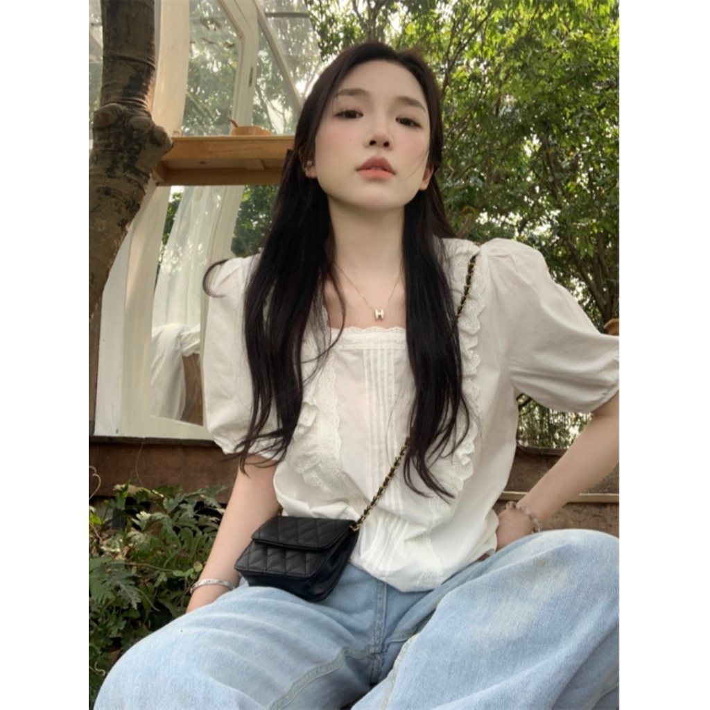 Suhao French gentle style lace square collar short-sleeved shirt ladies 2023 summer new loose white top kaos import wanita kaos wanita korean style lengan pendek kaos pendek perempuan