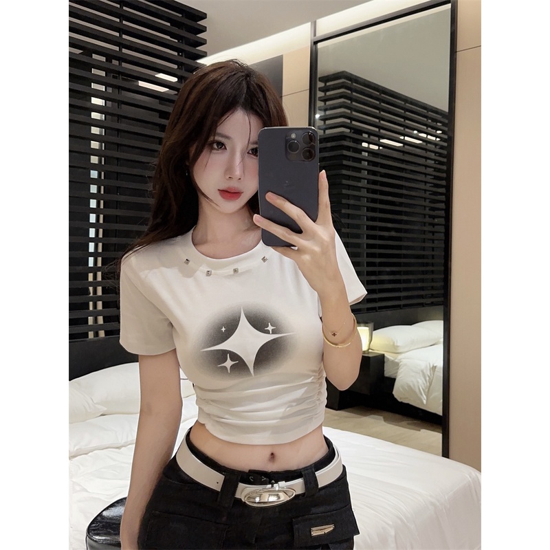 Suhao design pure desire style printing sexy white front shoulder short-sleeve t-shirt women summer sweet hot girl short tight top kaos import wanita kaos wanita gaya korea lengan pendek kaos pendek perempuan