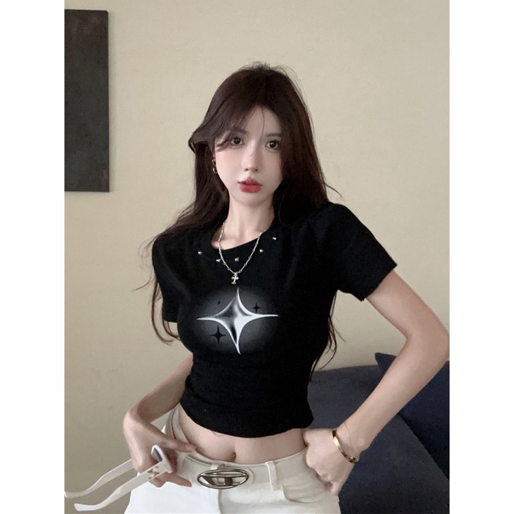 Suhao design pure desire style printing sexy white front shoulder short-sleeve t-shirt women summer sweet hot girl short tight top kaos import wanita kaos wanita gaya korea lengan pendek kaos pendek perempuan