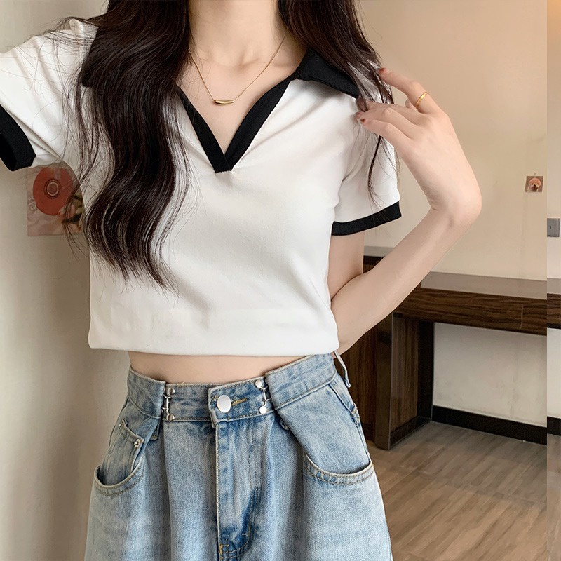 Suhao color contrast stitching pure cotton short-sleeve t-shirt women s 2023 summer new slim fit slim Polo collar short t-shirt top kaos import wanita kaos wanita gaya korea lengan pendek kaos pendek perempuan