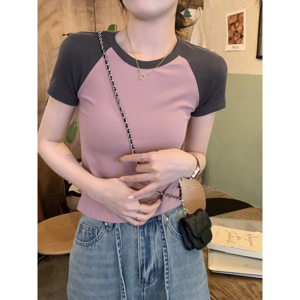 Suhao Pink Lengan Raglan T-shirt Wanita Hot Gadis Slim Pendek American Retro Slim Bahu Pendek Lengan Pendek Atasan Musim Panas Kaos Import Wanita Kaos Wanita Gaya Korea Lengan Pendek Kaos Pendek Perempuan